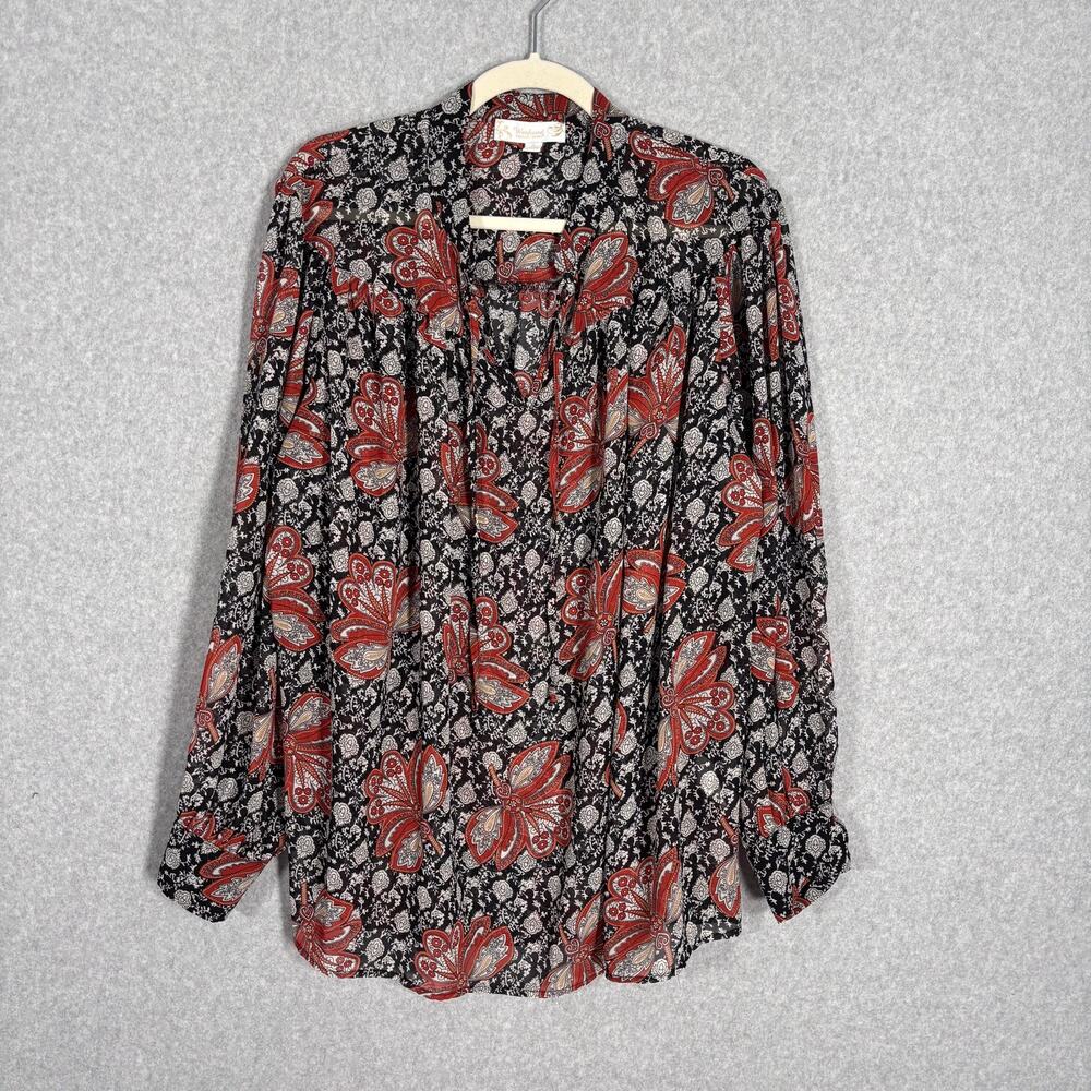 Pleated Paisley Sheer Blouse XL Boho Cottage Feminine Romantic Dark Neutral Rust